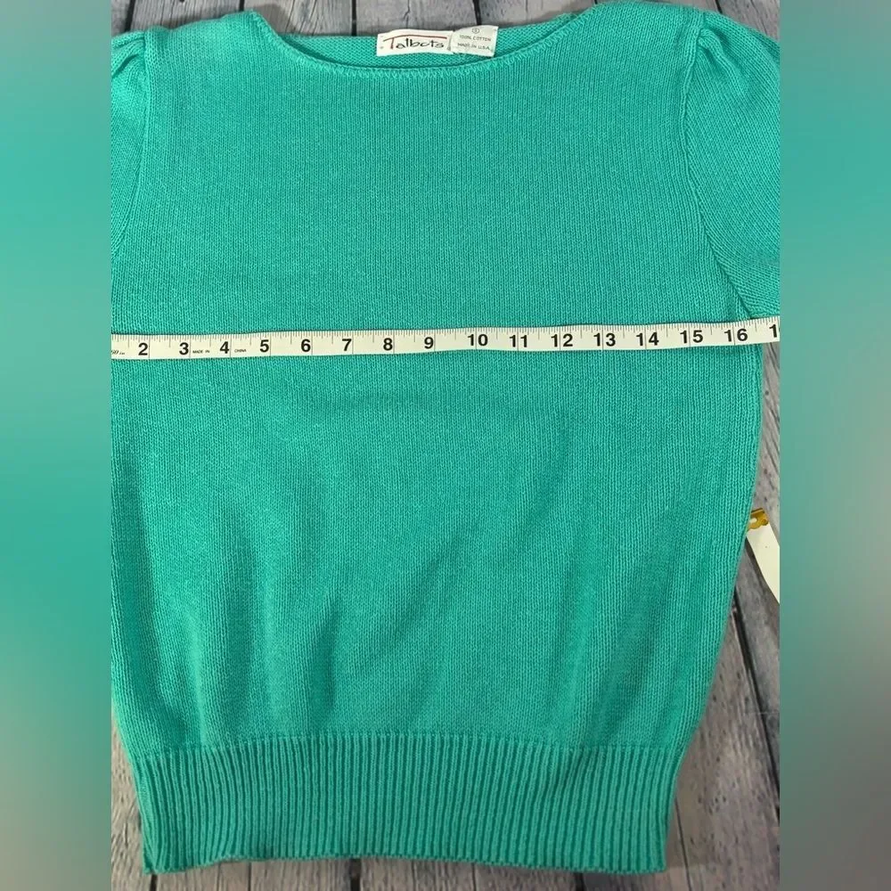 VINTAGE Talbots 90s Teal Blue Cotton Feminine Classic Short Sleeve Sweater S